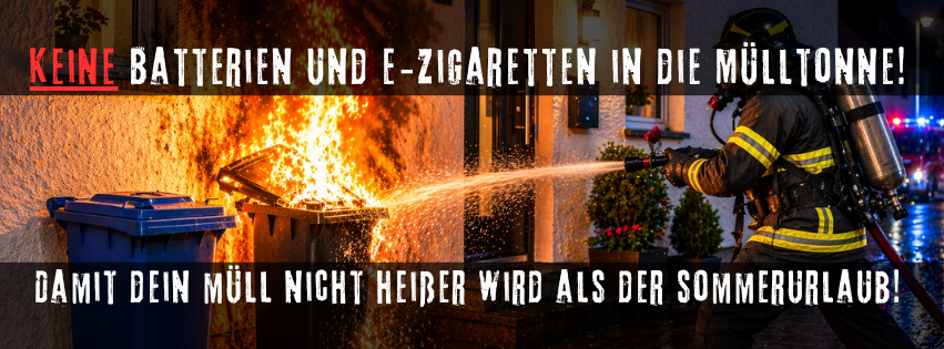 Brennende Mülltonne. Achtung: Keine Batterien und E-Zigaretten in die Mülltonne
